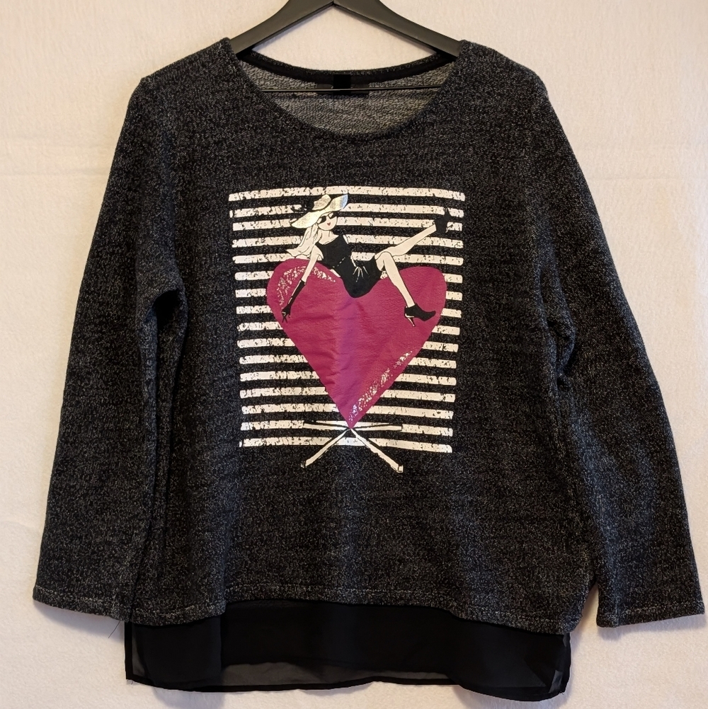 Style & Co. Black Sweater Pink Heart Design Versatile Women's Large Casual Shirt